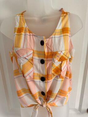 a.n.a Petite Plaid Tie Front Tank Top PS Peach Orange Button Front